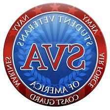 The Student Veterans of America logo consisting of a blue circle with a vertical laurel leaf crown opening at the top and a rising sun denoted by alternating blue striped radiating lines with the horizon in the middle of the circle displayed in shades of blue within it, a red ring frames the blue circle with seven red stars on the upper arch and alternating red-colored stripes on the bottom arch. ‘Student Veterans’ follows the arch on the top half of the blue inner circle with ‘of America’ following the bottom arch all in white capitalized letters. ‘SVA’ is centered on the blue circle in red, capitalized letters and a white outline. In the red circle, ‘Army’ and “Navy” appear in white font covering the last two stars on the left and right of the top arch. ‘Air Force’, ‘Coast Guard’, and ‘Marines’ are equally spaced along the bottom curve of the red ring also in white font.